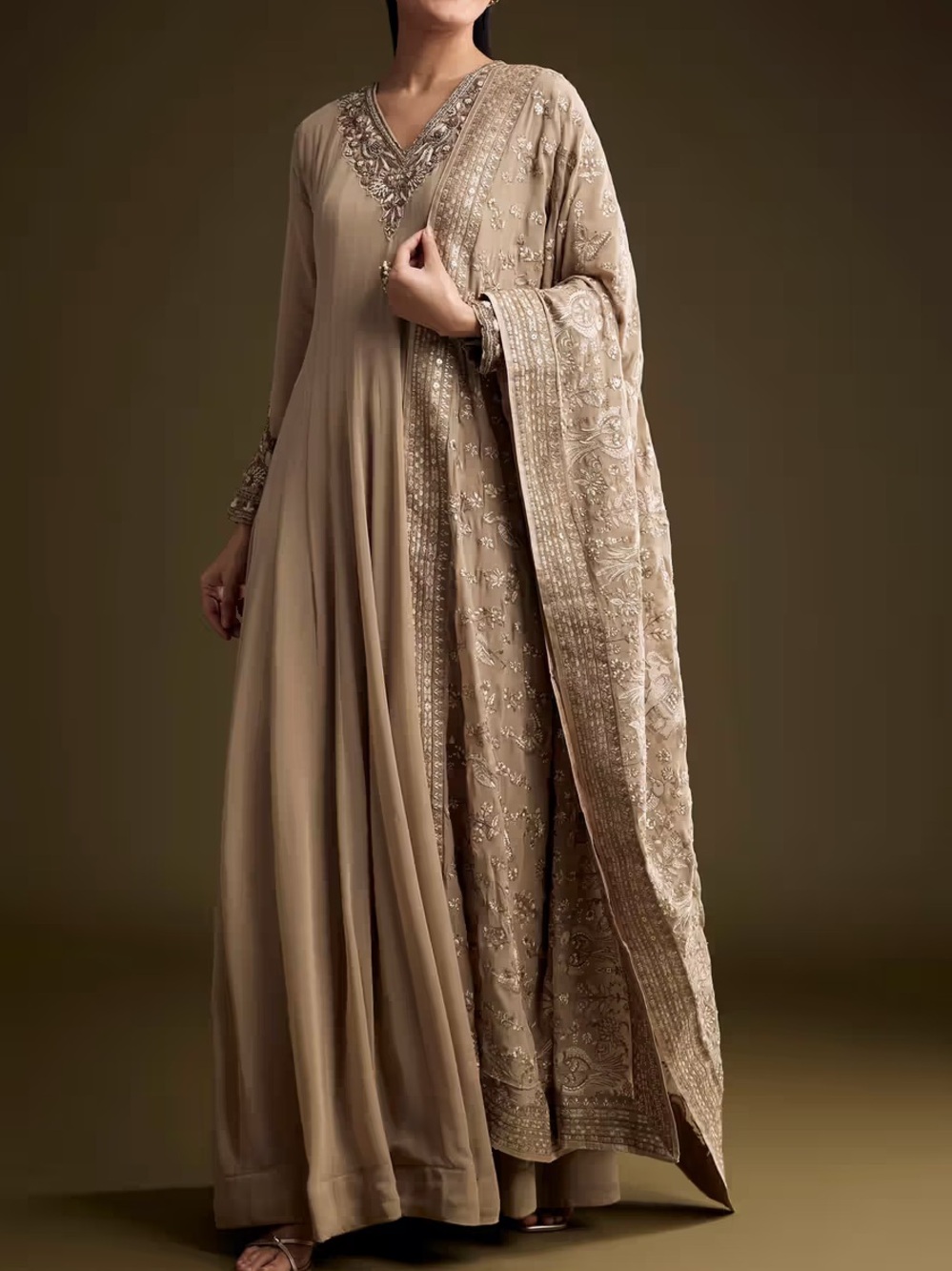 Beige Georgette Anarkali Suit With Sequins And Thread Embroidery